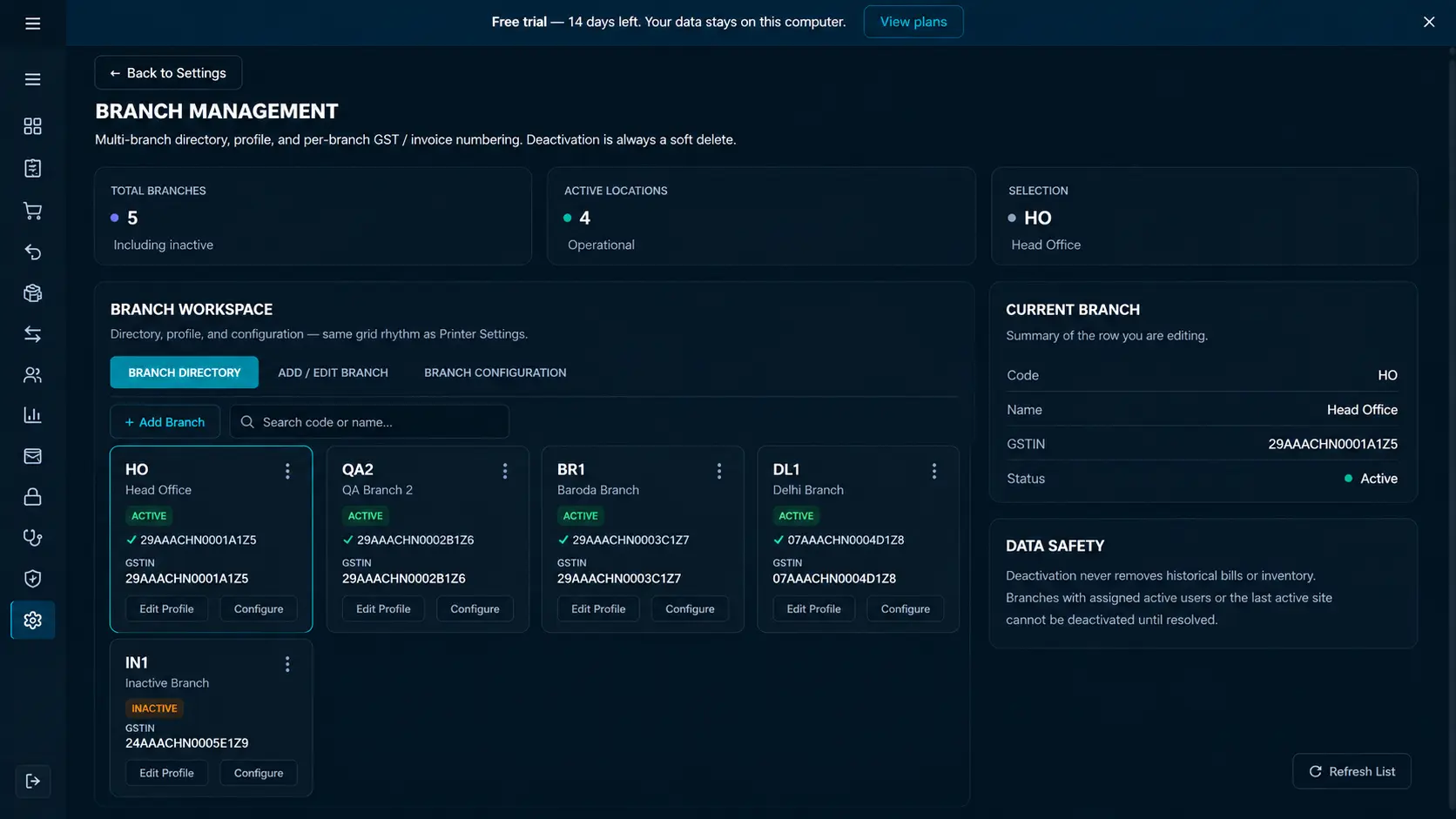 Hayati multi-branch headquarters view — real product interface with branch governance