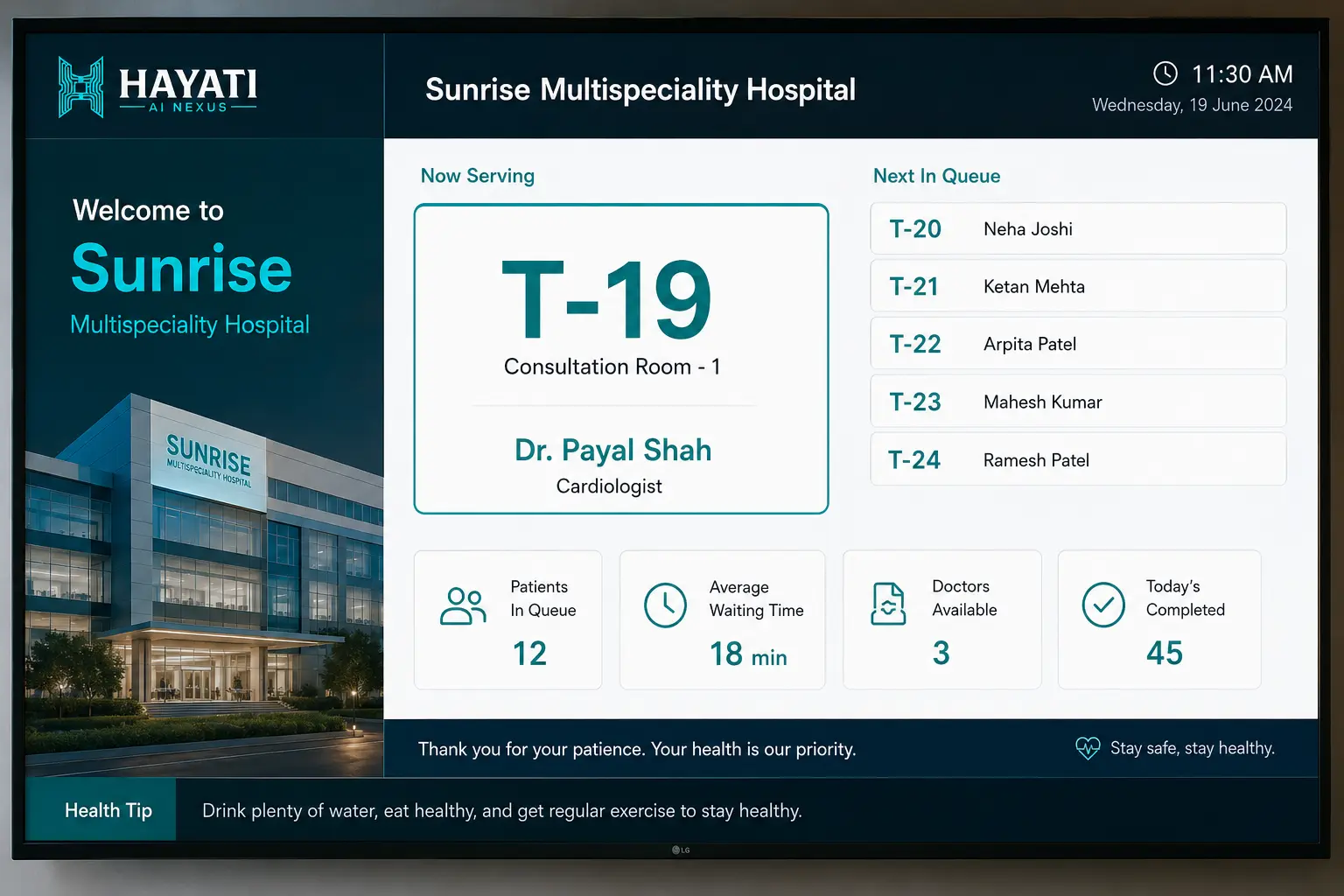 Hayati waiting-room queue display — real product interface with token numbers