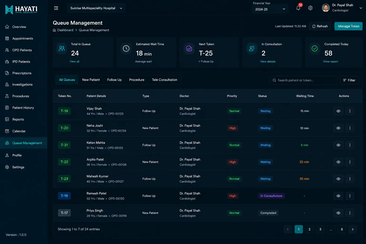 Hayati OPD queue — real product interface with token order and status