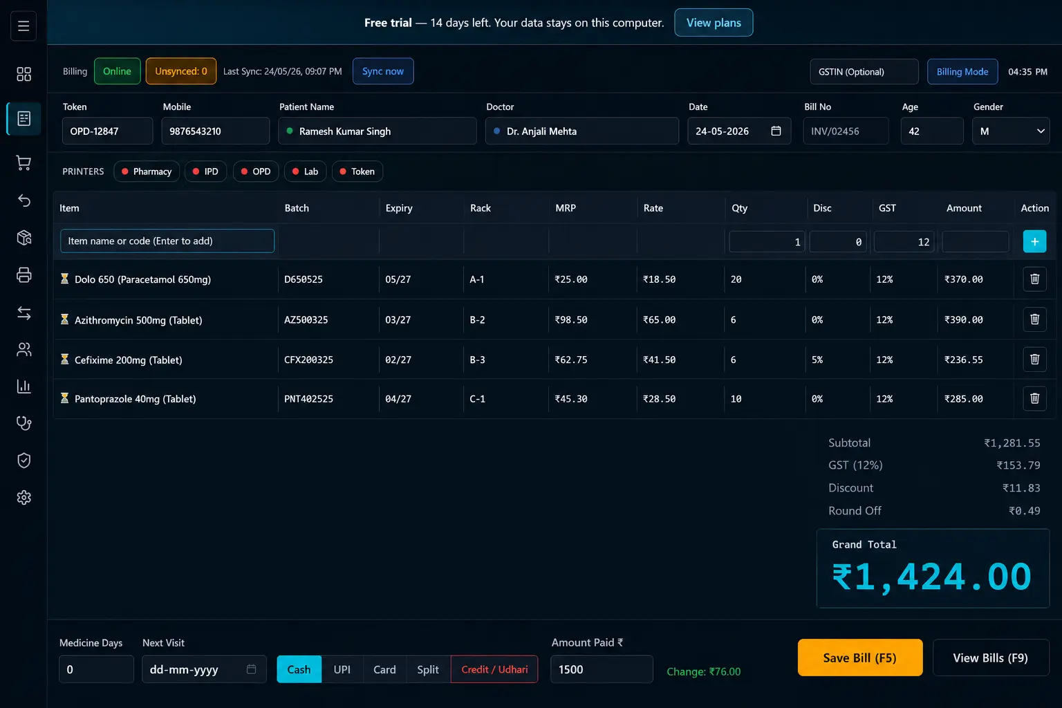 Hayati GST billing counter — real product interface with batch lines and tax breakdown
