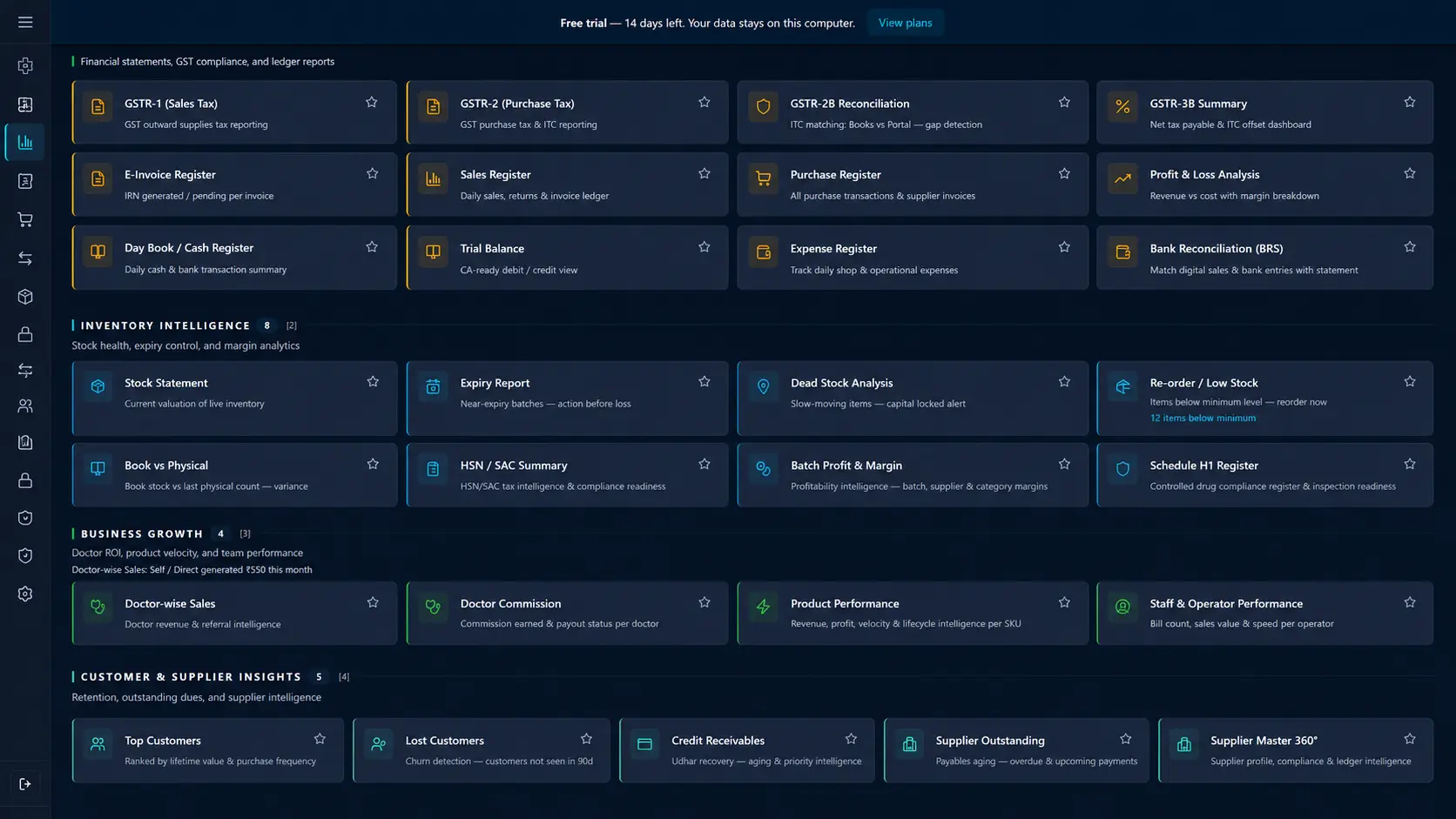 Hayati Reports and Analytics hub — real product interface with GST and inventory report tiles