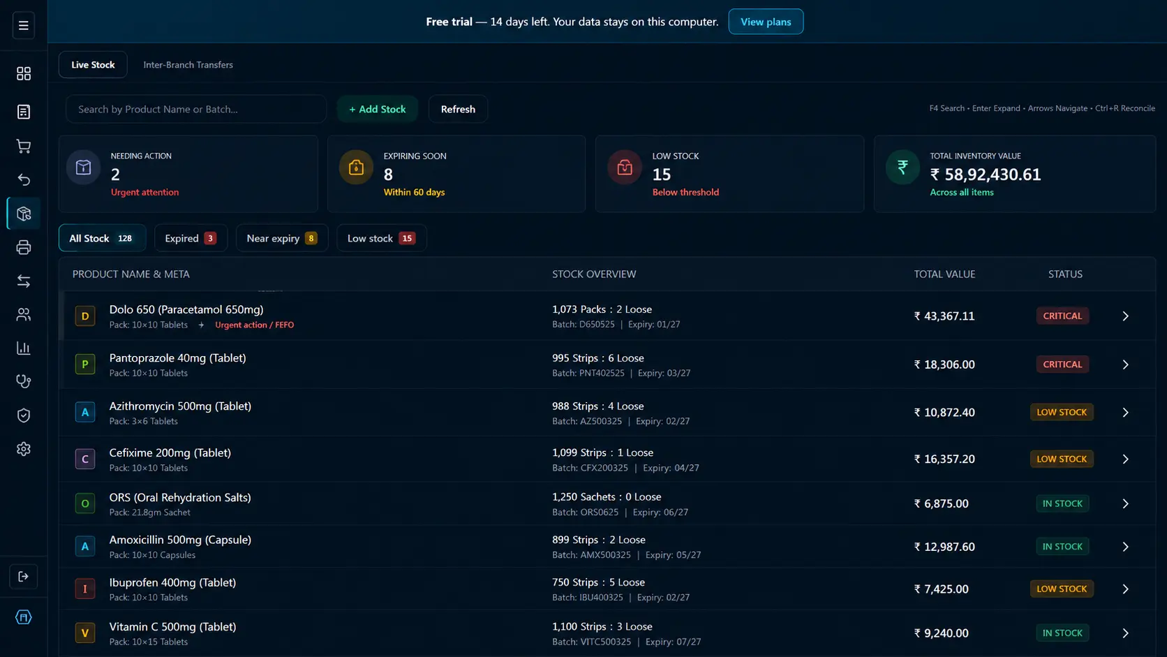 Hayati pharmacy inventory live stock — real product interface with FEFO and expiry KPIs