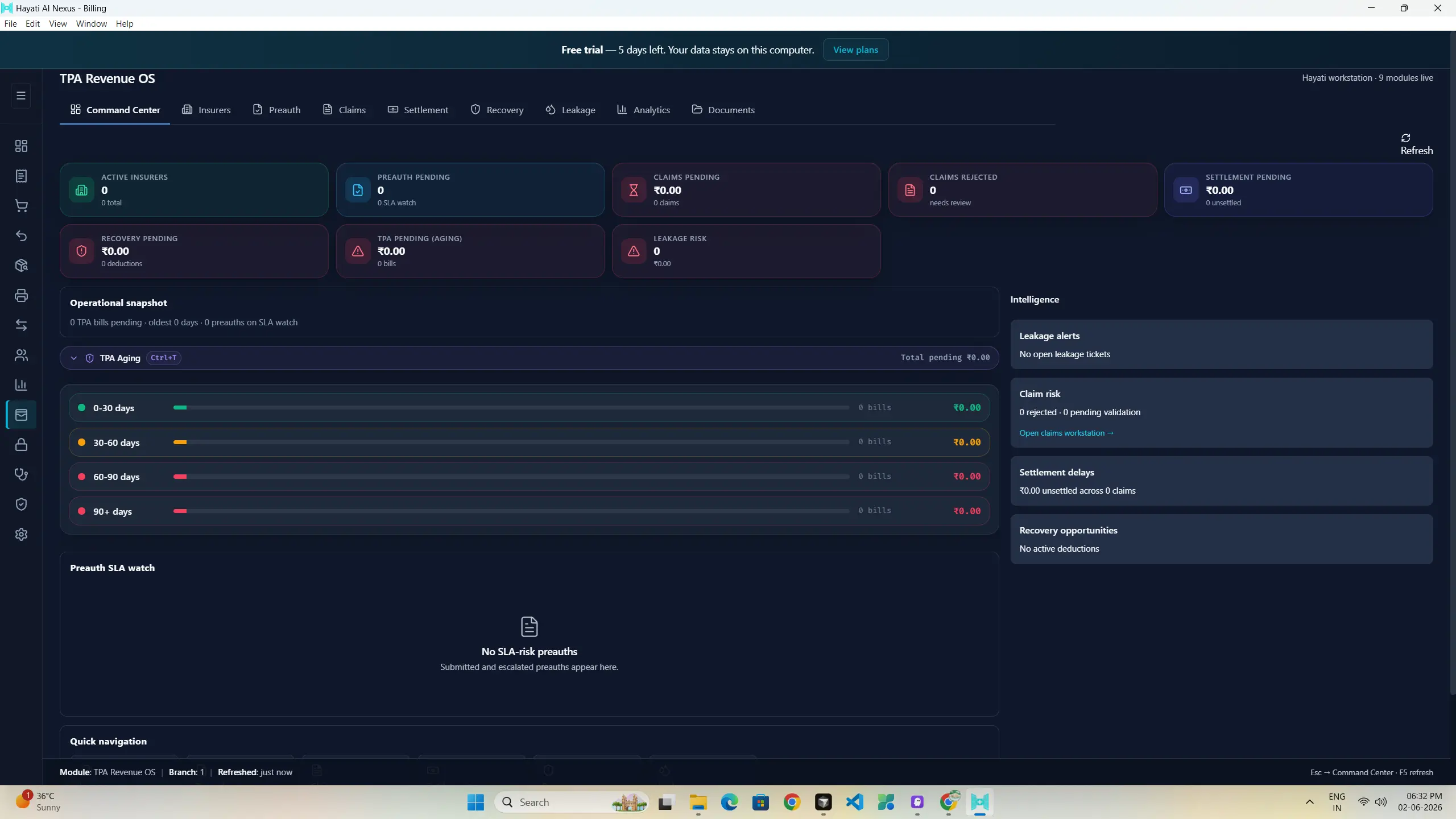 Hayati TPA command center — real product interface with claims and settlement KPIs